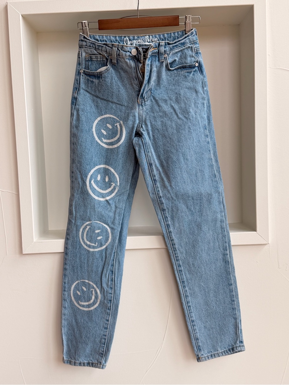 Light Blue Mid to High-Rise Jeans with White Smiley Prints